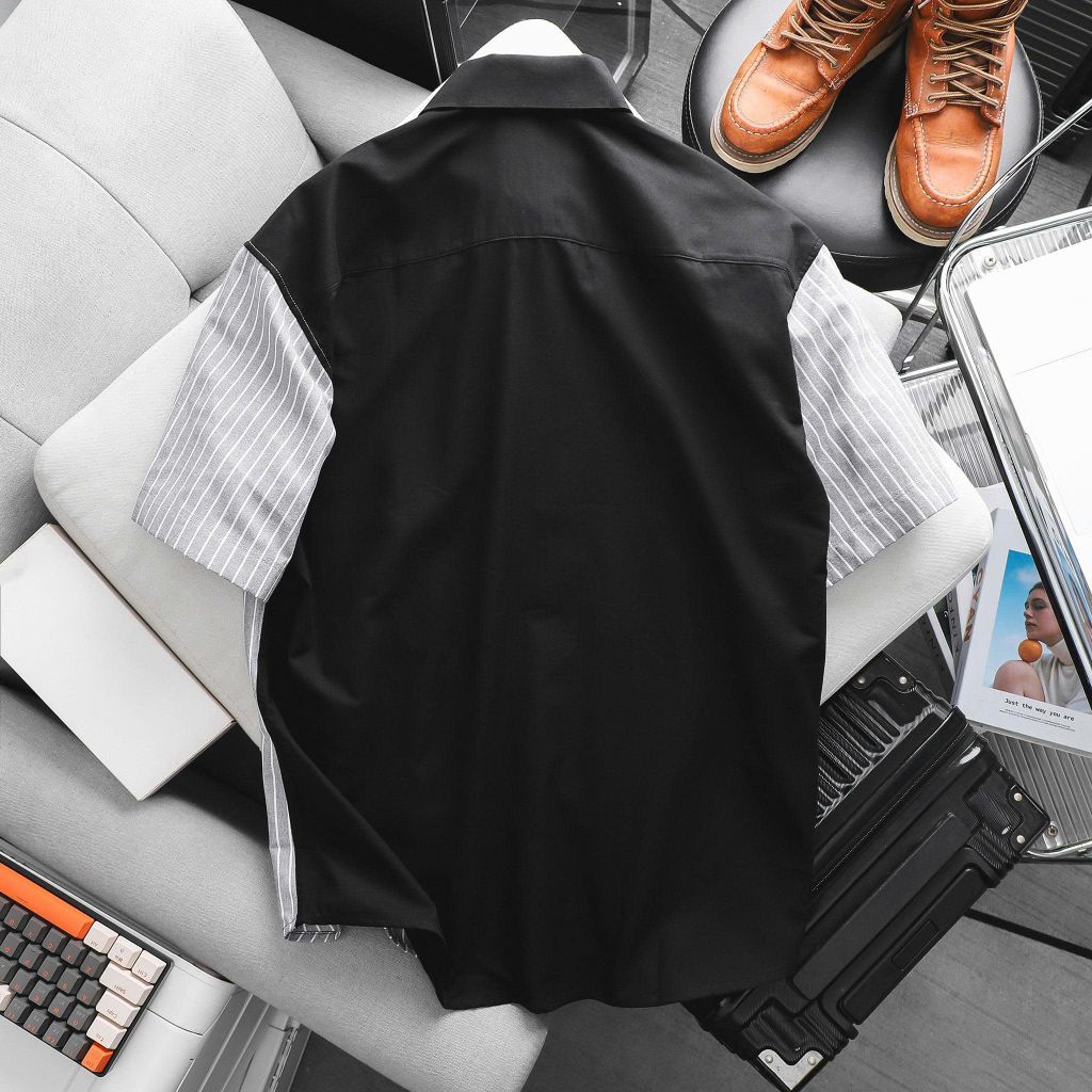 Áo sơ mi tay ngắn chất vải Oxford cao cấp có túi đen phối sọc xám thời trang bigsize nam 80 - 130 kg