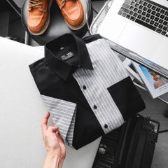 Áo sơ mi tay ngắn chất vải Oxford cao cấp có túi đen phối sọc xám thời trang bigsize nam 80 - 130 kg