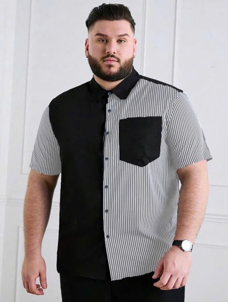 Áo sơ mi tay ngắn chất vải Oxford cao cấp có túi đen phối sọc xám thời trang bigsize nam 80 - 130 kg