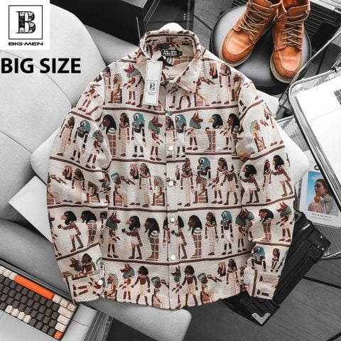 [ Big Men] Áo khoác sơ mi chất vải jean gấm họa tiết 3D cá tính< 135 kg_ Ai Cập