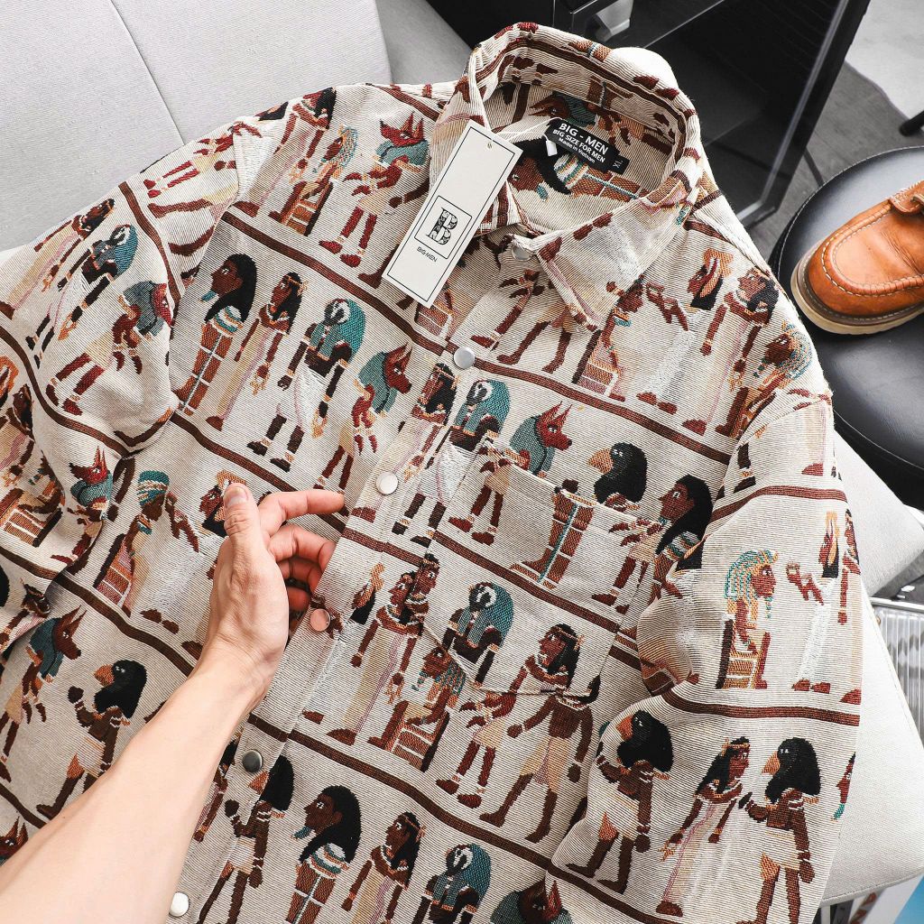 [ Big Men] Áo khoác sơ mi chất vải jean gấm họa tiết 3D cá tính< 135 kg_ Ai Cập