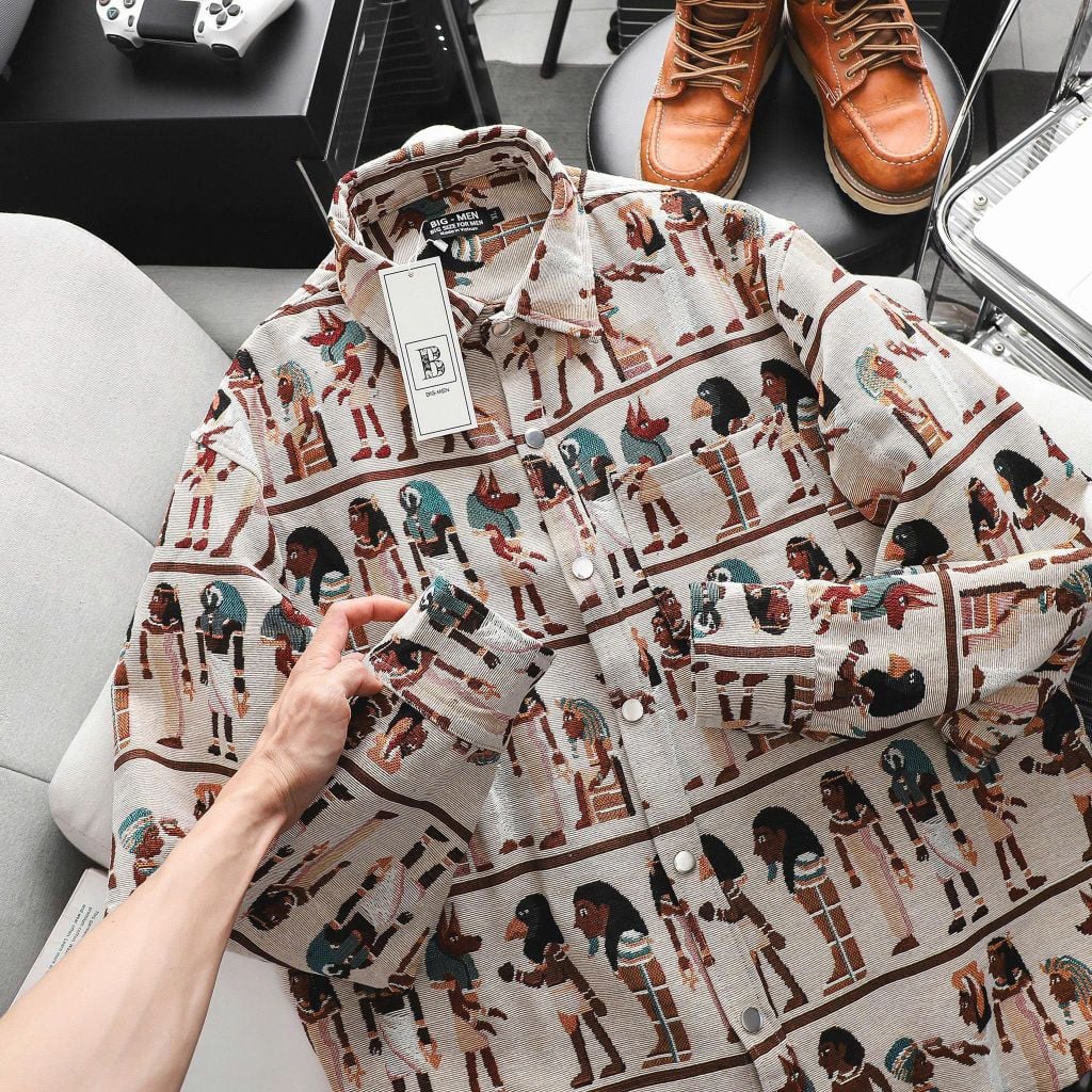 [ Big Men] Áo khoác sơ mi chất vải jean gấm họa tiết 3D cá tính< 135 kg_ Ai Cập