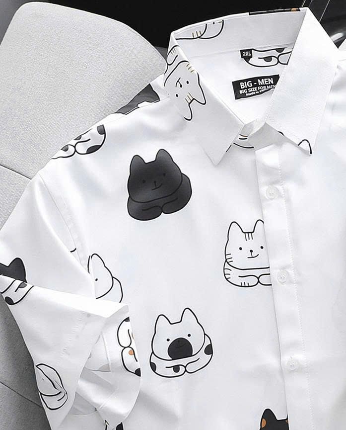 Áo sơ mi tay ngắn bigsize nam họa tiết mèo dễ thương bigsize nam thời trang Big Men