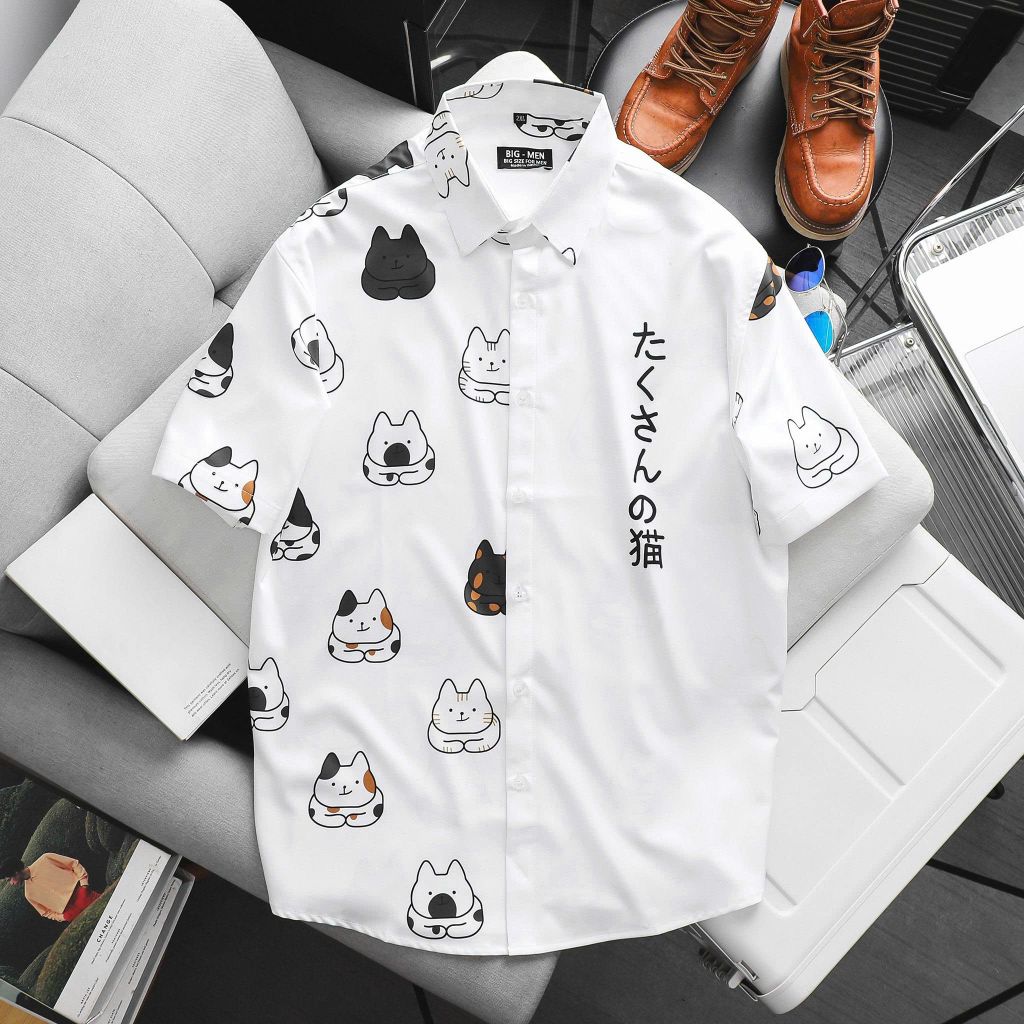 Áo sơ mi tay ngắn bigsize nam họa tiết mèo dễ thương bigsize nam thời trang Big Men