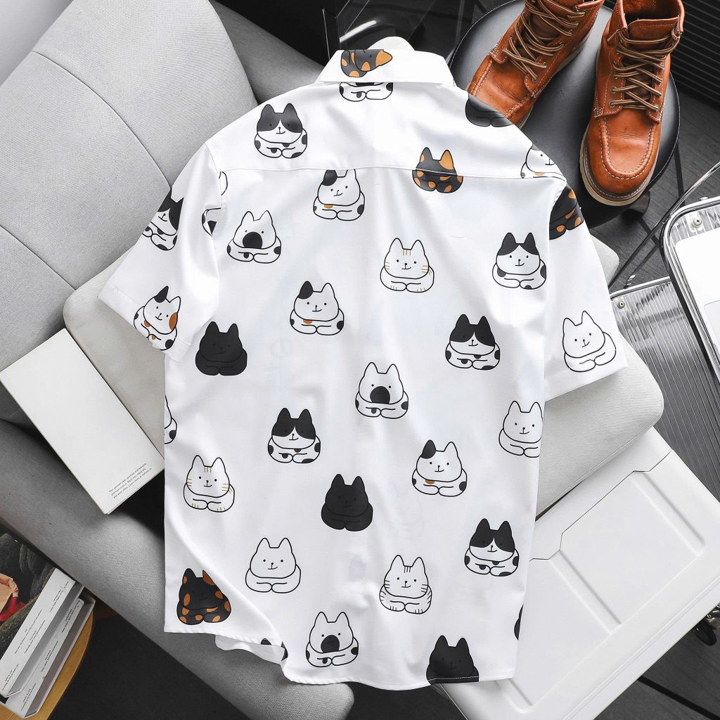 Áo sơ mi tay ngắn bigsize nam họa tiết mèo dễ thương bigsize nam thời trang Big Men