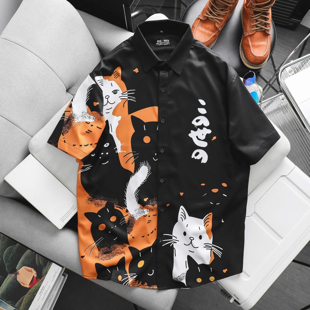 Áo sơ mi tay ngắn bigsize nam họa tiết mèo dễ thương bigsize nam thời trang Big Men