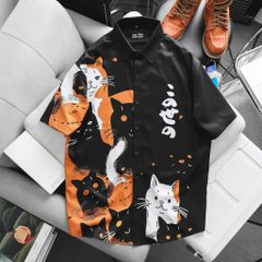 Áo sơ mi tay ngắn bigsize nam họa tiết mèo dễ thương bigsize nam thời trang Big Men