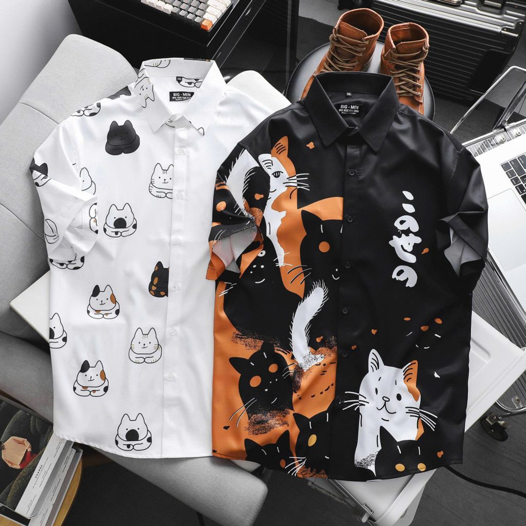 Áo sơ mi tay ngắn bigsize nam họa tiết mèo dễ thương bigsize nam thời trang Big Men