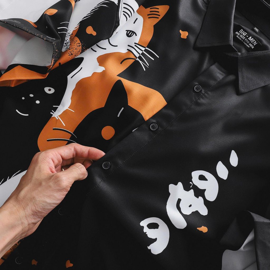 Áo sơ mi tay ngắn bigsize nam họa tiết mèo dễ thương bigsize nam thời trang Big Men