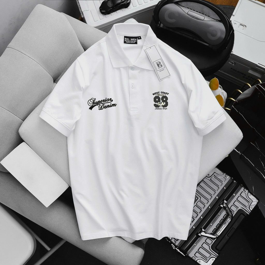 [ Big Men] Áo thun polo bigsize nam màu trắng in L A 98 hai mặt thời trang 85- 135 kg