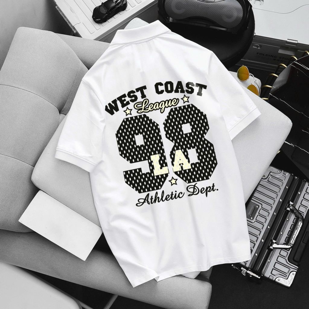 [ Big Men] Áo thun polo bigsize nam màu trắng in L A 98 hai mặt thời trang 85- 135 kg