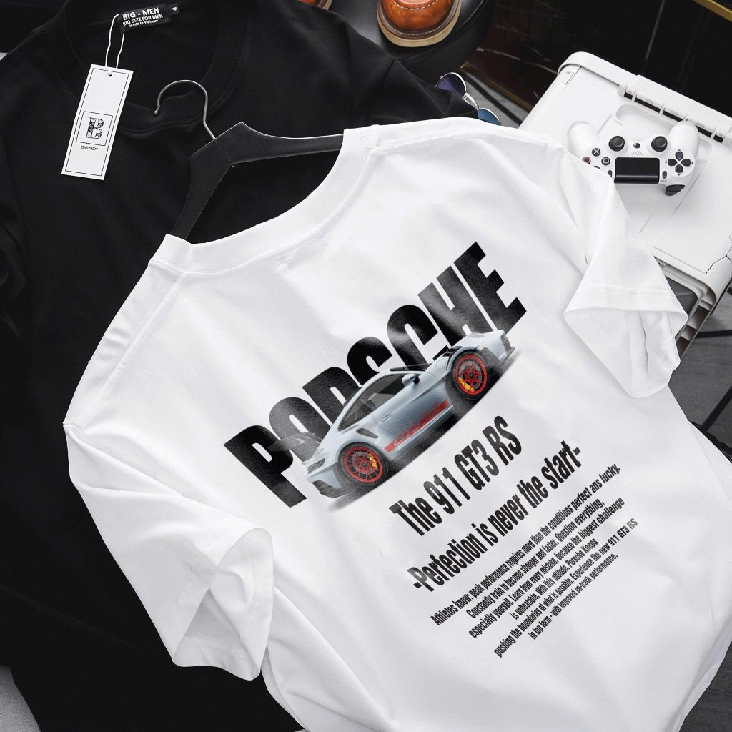 Big Men- Áo thun cotton bigsize nam in xe Porsche hai mặt thời trang 85- 135 kg
