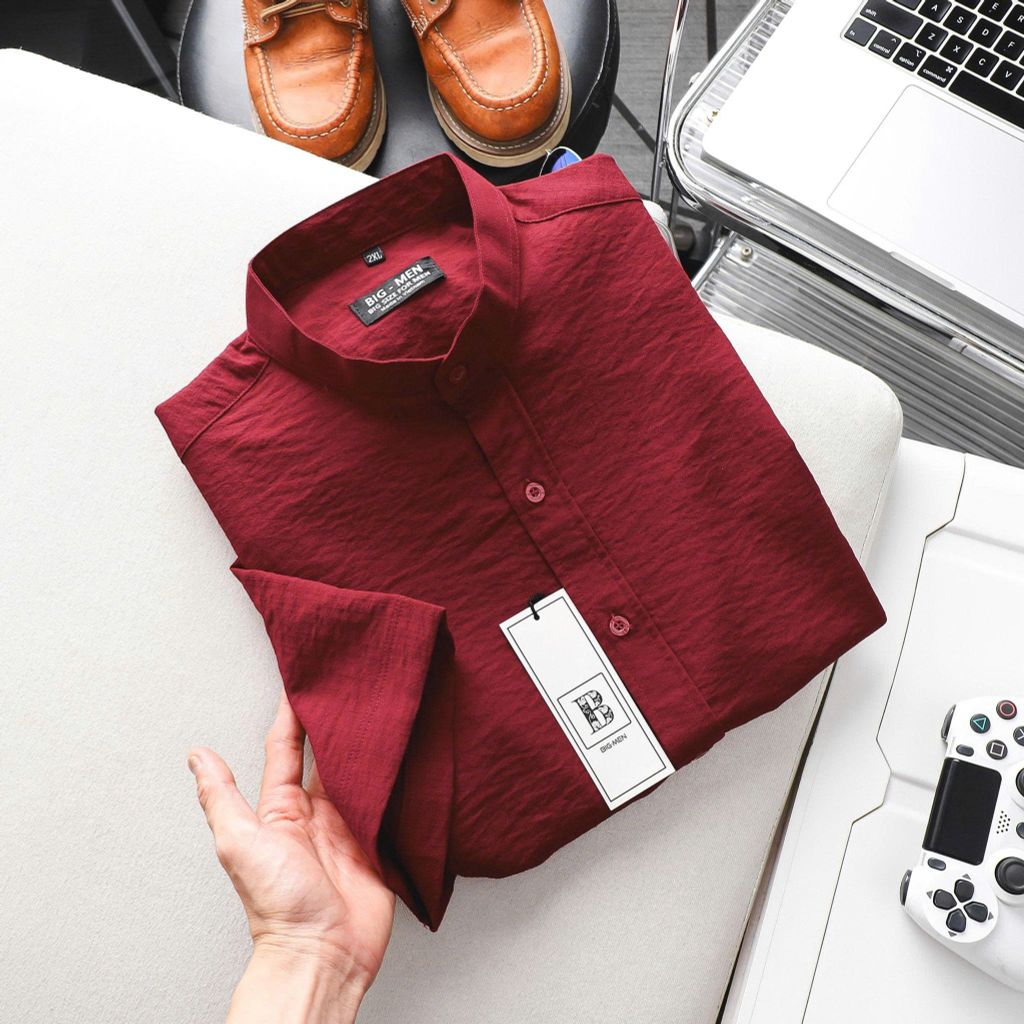 [ Big Size 80- 130 kg] Áo sơ mi tay ngắn bigsize nam vải đũi nút cài cổ trụ màu đỏ thời trang Big Men