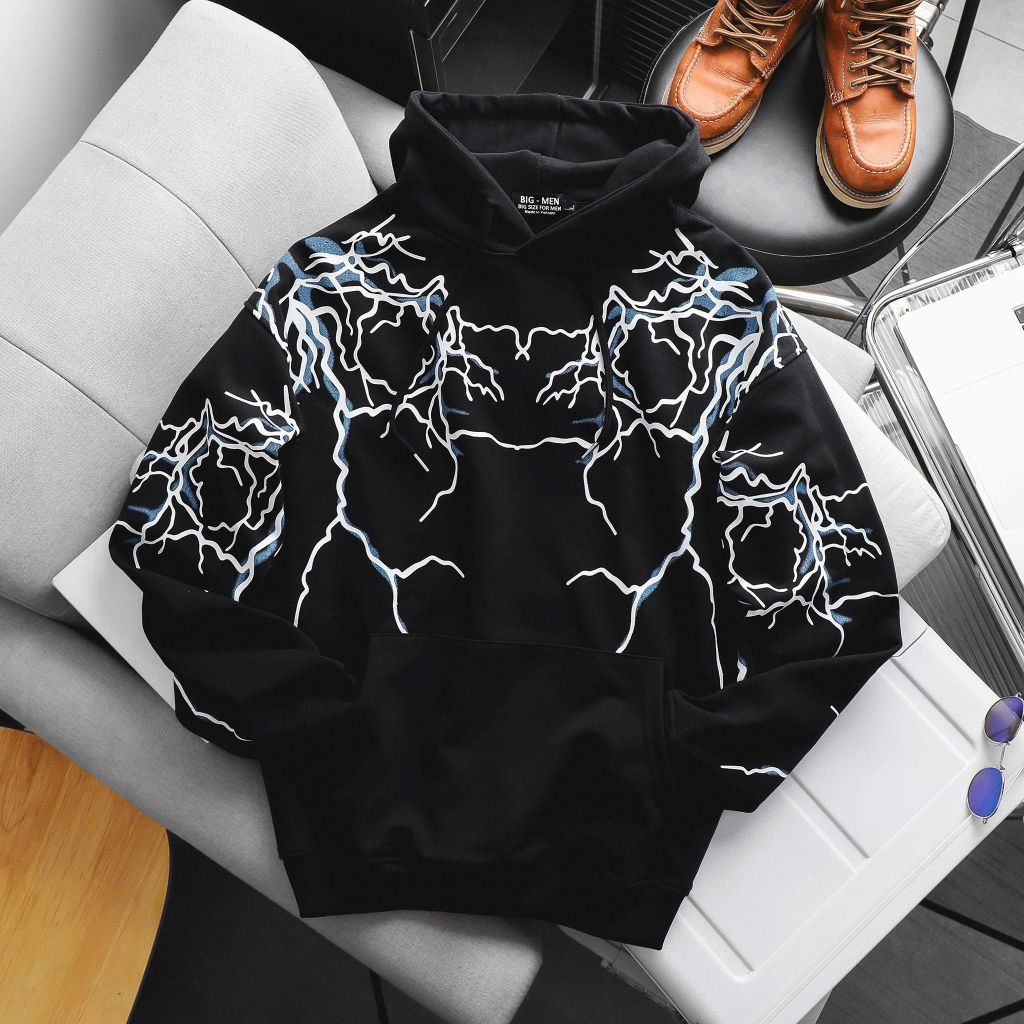 Big Men- Áo khoác hoodie chất nỉ màu đen in lụa họa tiết tia sét toàn thân thời trang bigsize nam< 140 kg