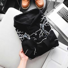Big Men- Áo khoác hoodie chất nỉ màu đen in lụa họa tiết tia sét toàn thân thời trang bigsize nam< 140 kg