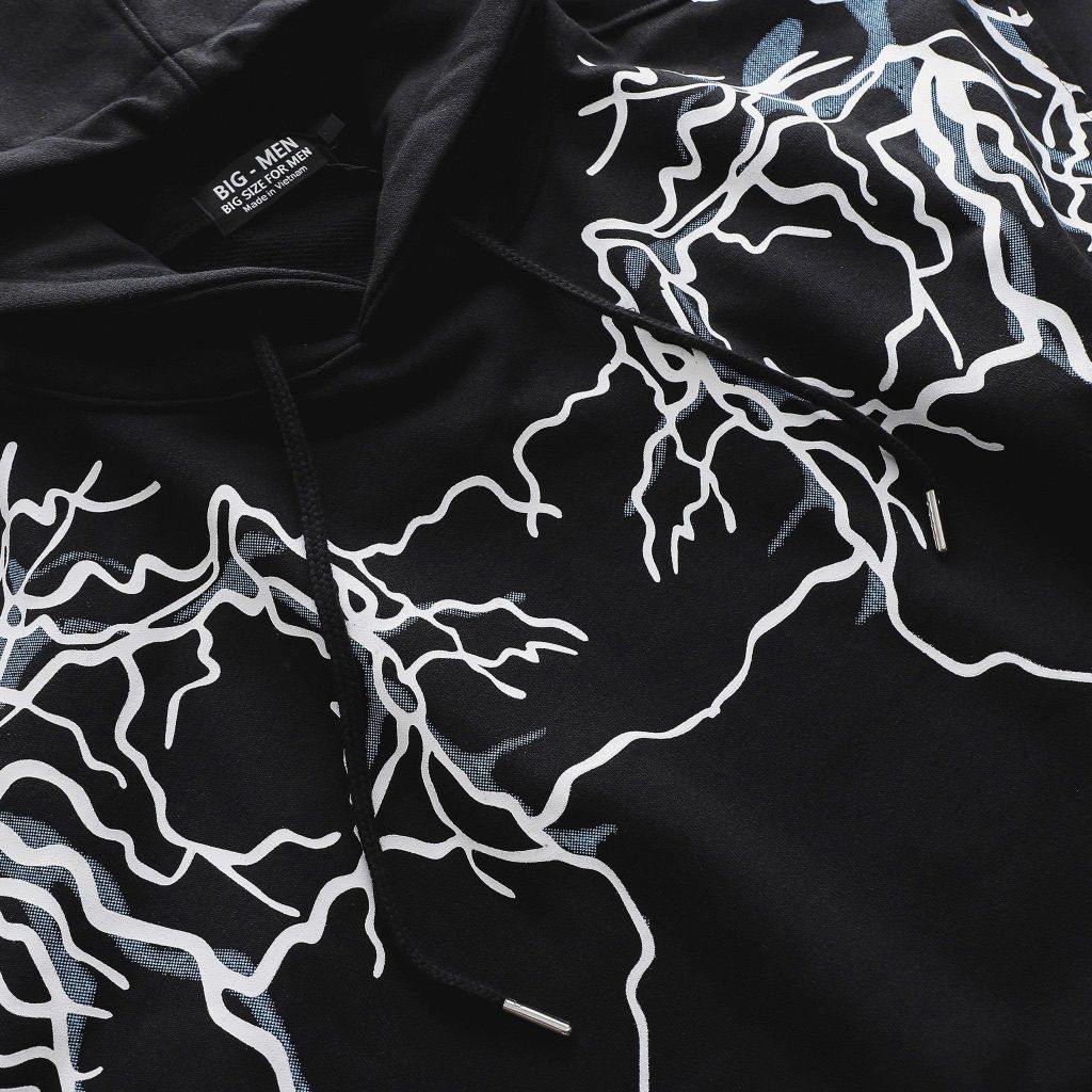 Big Men- Áo khoác hoodie chất nỉ màu đen in lụa họa tiết tia sét toàn thân thời trang bigsize nam< 140 kg
