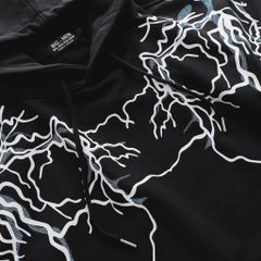 Big Men- Áo khoác hoodie chất nỉ màu đen in lụa họa tiết tia sét toàn thân thời trang bigsize nam< 140 kg