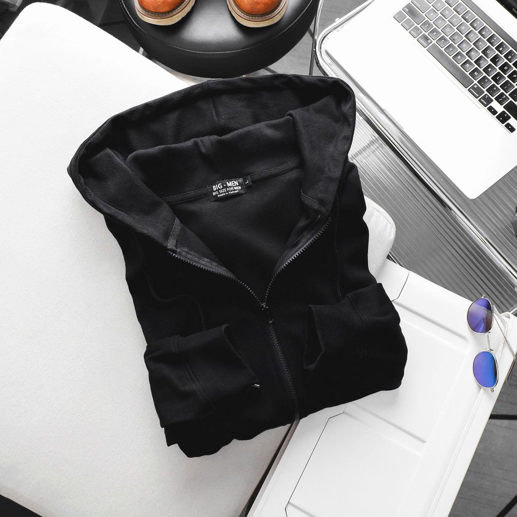 Áo khoác cotton gân bigsize nam tông màu đen trơn < 140kg