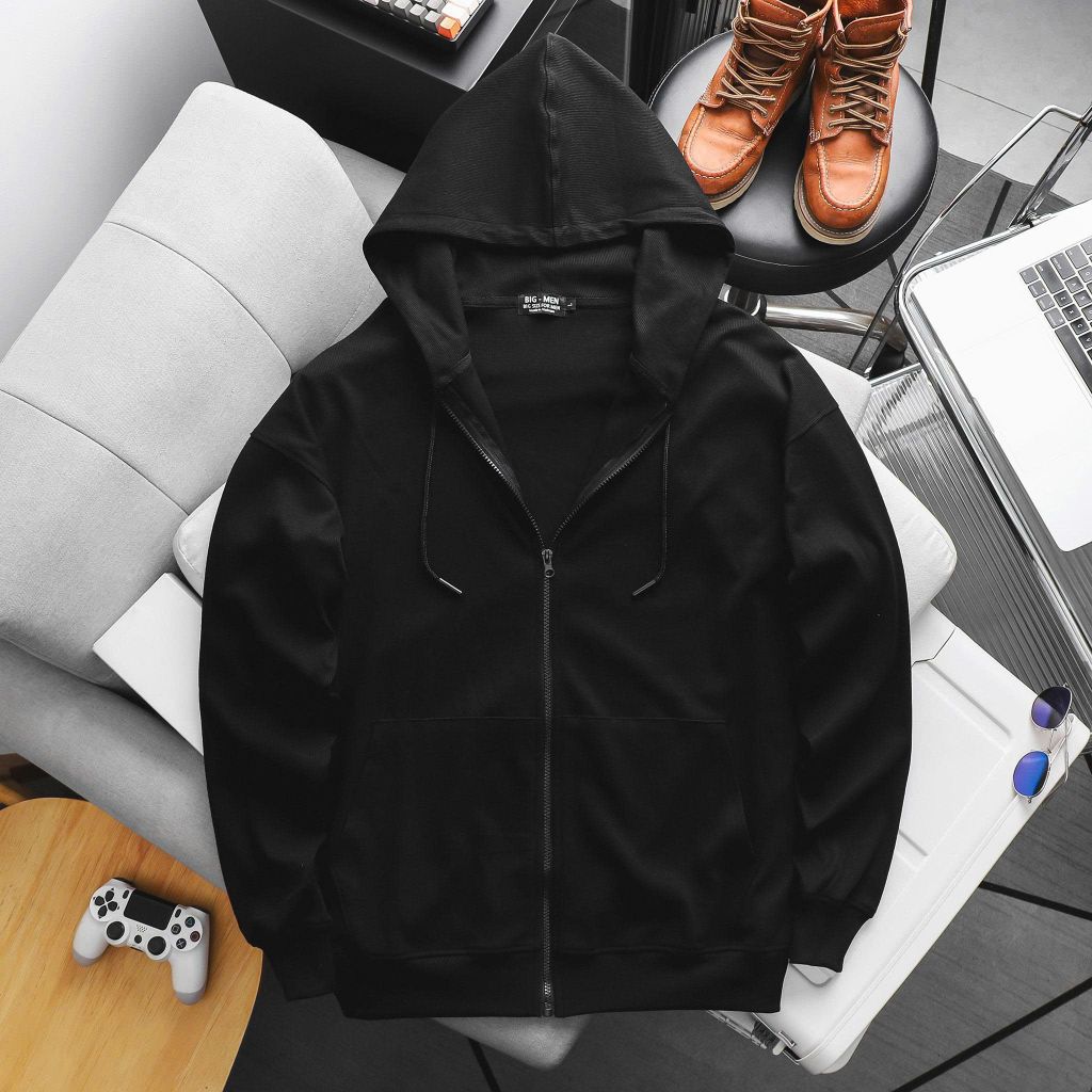 Áo khoác cotton gân bigsize nam tông màu đen trơn < 140kg