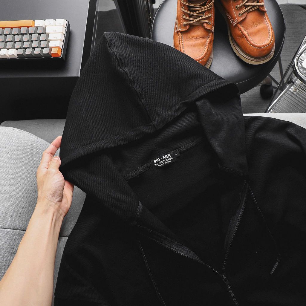 Áo khoác cotton gân bigsize nam tông màu đen trơn < 140kg