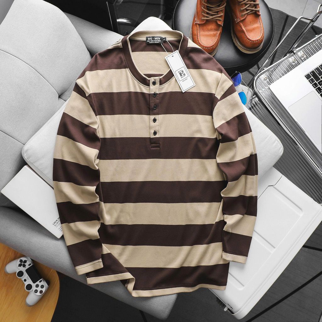 Big Men- Áo thun tay dài vải gân len form ôm co giãn thời trang thu đông bigsize nam 85- 125 kg