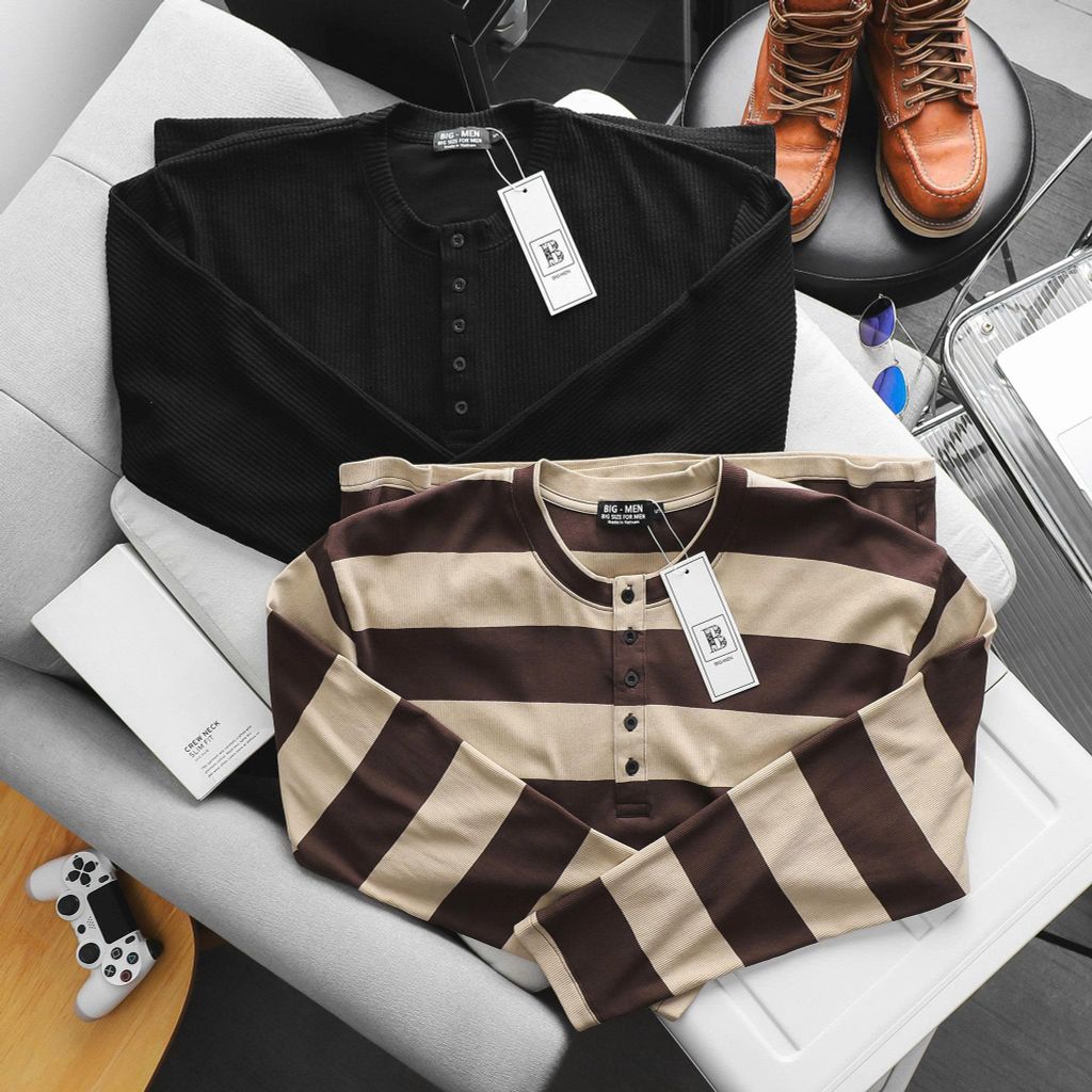 Big Men- Áo thun tay dài vải gân len form ôm co giãn thời trang thu đông bigsize nam 85- 125 kg