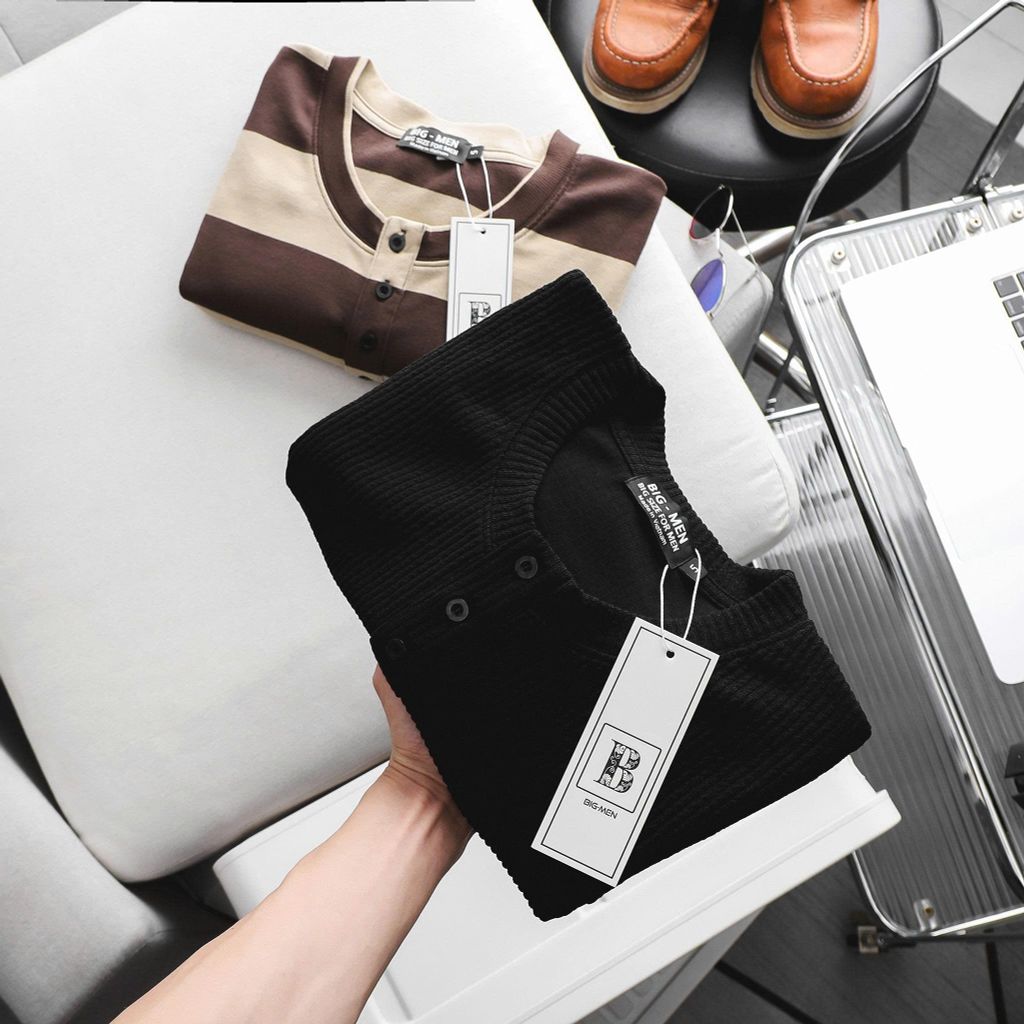 Big Men- Áo thun tay dài vải gân len form ôm co giãn thời trang thu đông bigsize nam 85- 125 kg