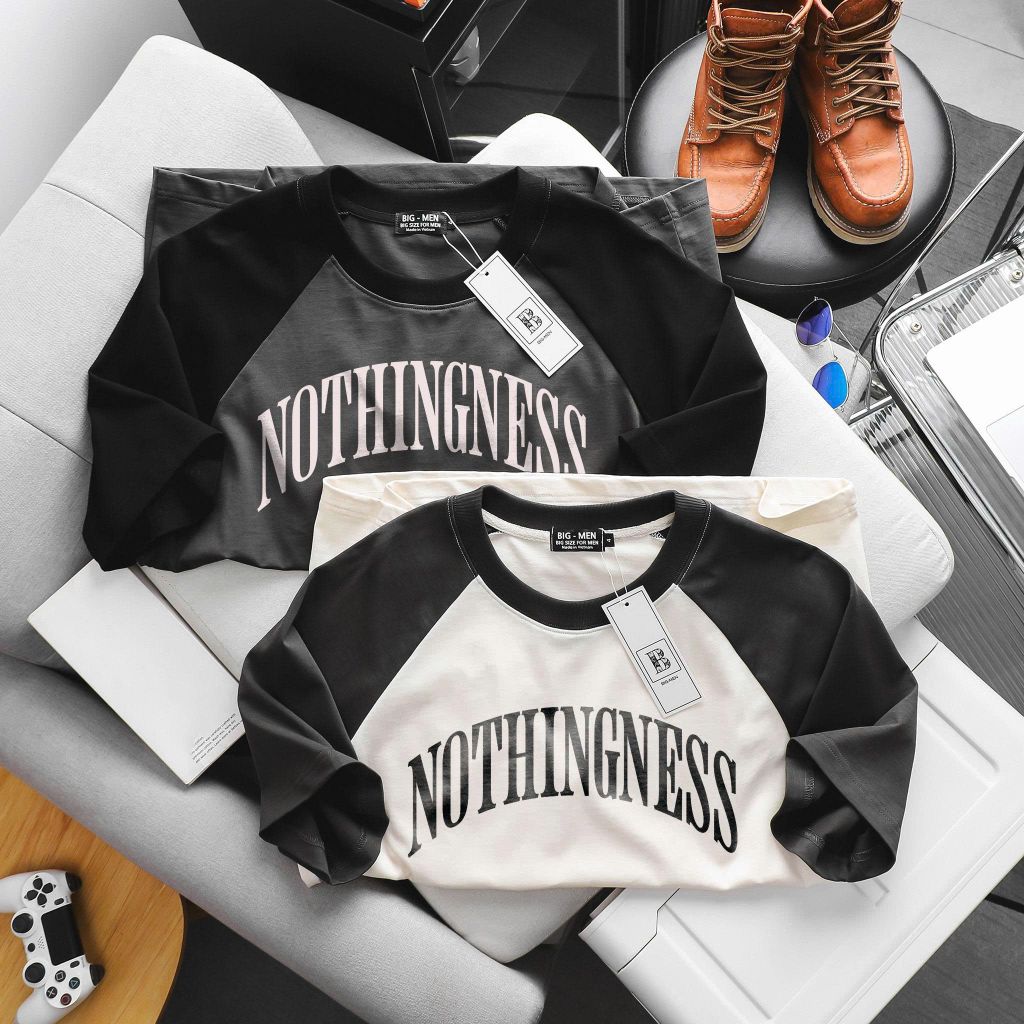 Big Men- Áo thun cotton raplan phối tay cá tính in chữ Nothingness bigsize nam 85- 135 kg