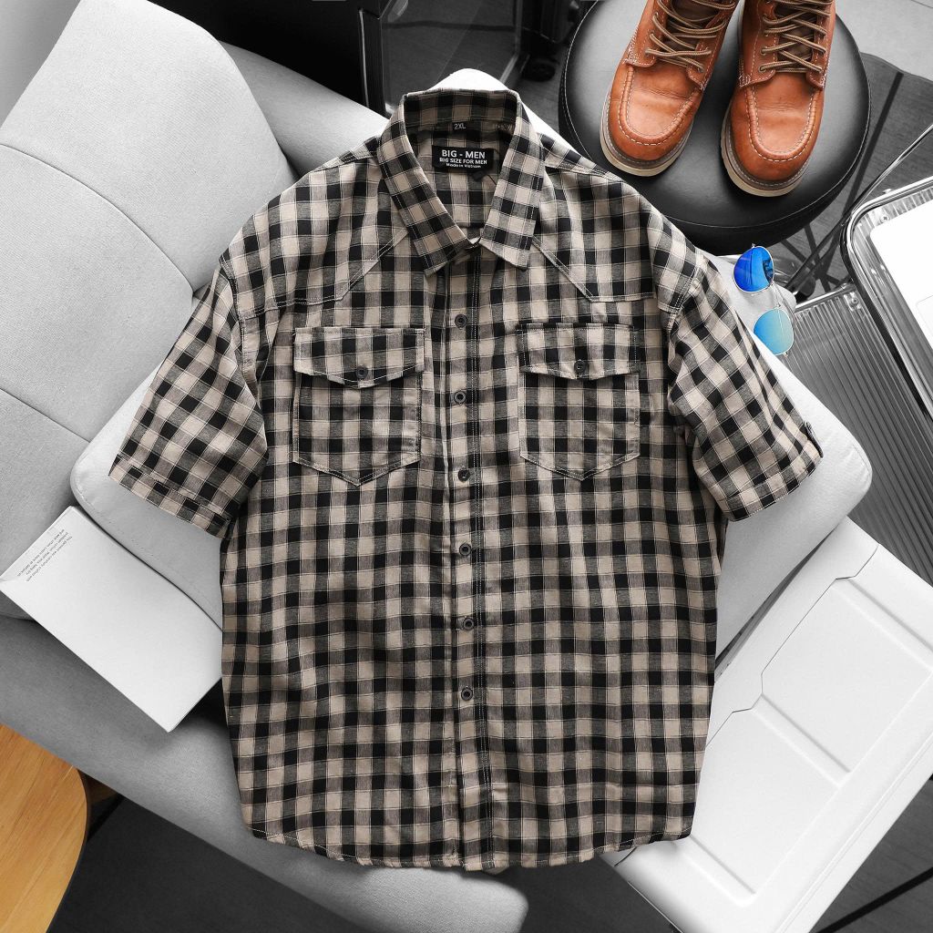 Áo sơ mi tay ngắn chất vải linen phối sọc caro cao cấp thời trang bigsize nam 80-130 kg