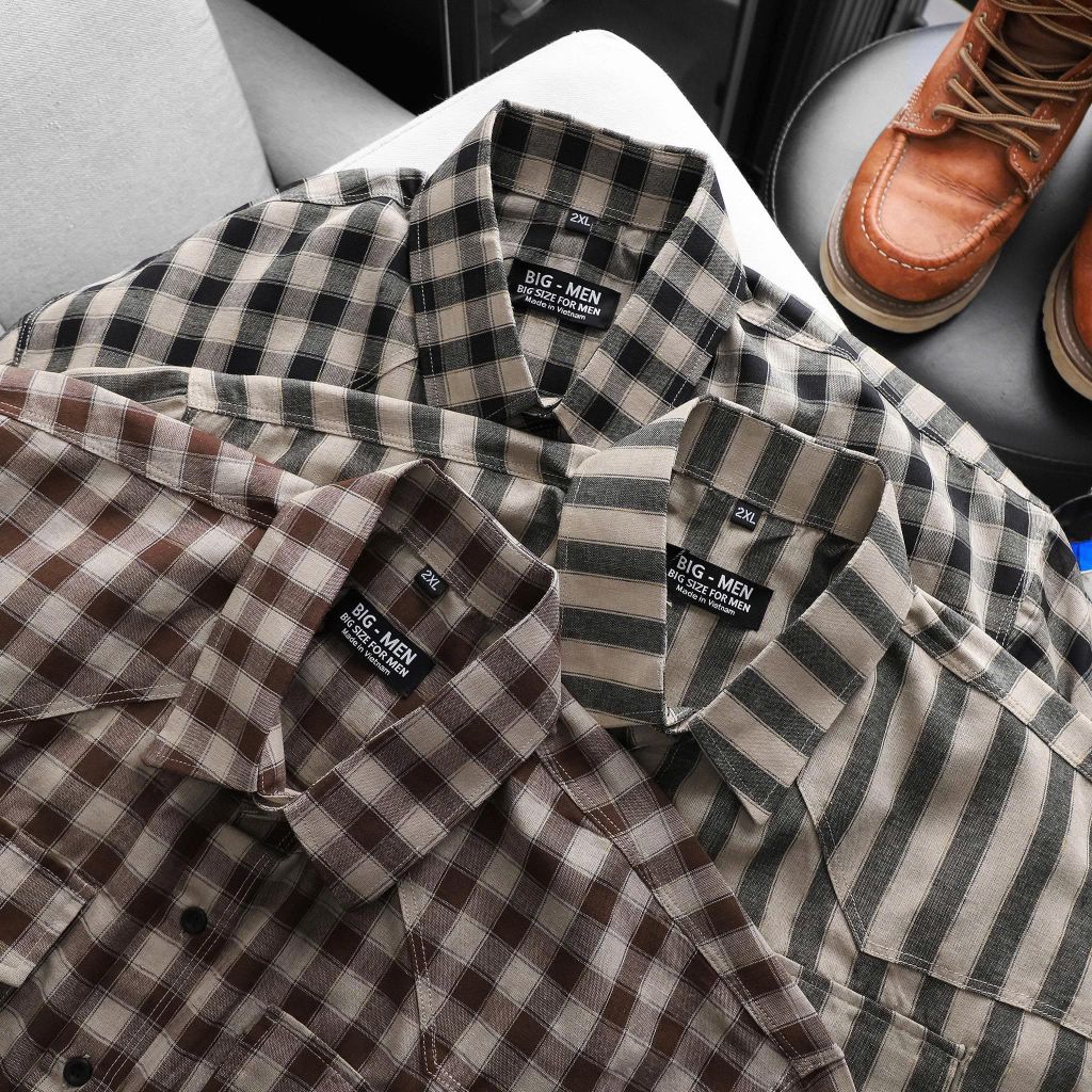 Áo sơ mi tay ngắn chất vải linen phối sọc caro cao cấp thời trang bigsize nam 80-130 kg