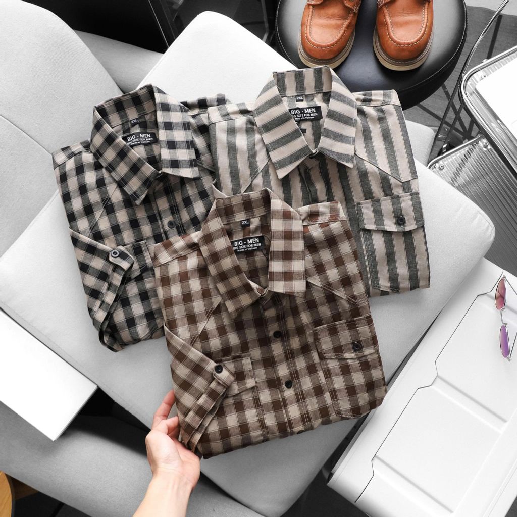Áo sơ mi tay ngắn chất vải linen phối sọc caro cao cấp thời trang bigsize nam 80-130 kg