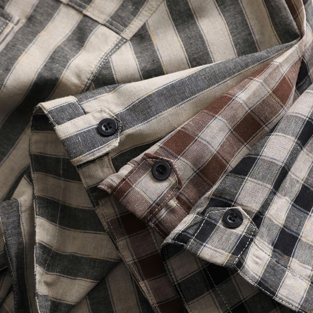 Áo sơ mi tay ngắn chất vải linen phối sọc caro cao cấp thời trang bigsize nam 80-130 kg