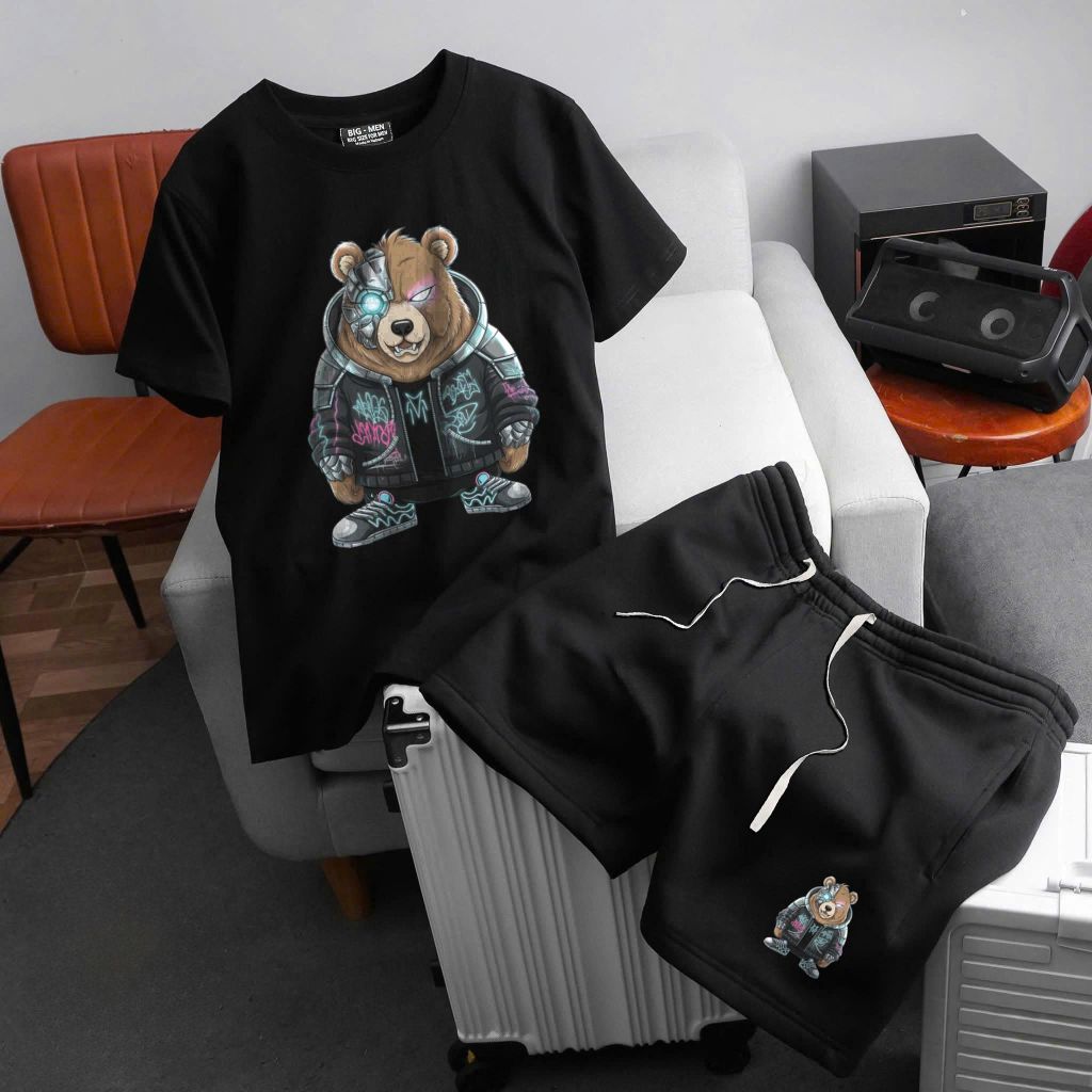 Big Men- Set bộ quần áo cotton bigsize nam in hình Gấu ngầu cá tính thời trang 75- 135 kg