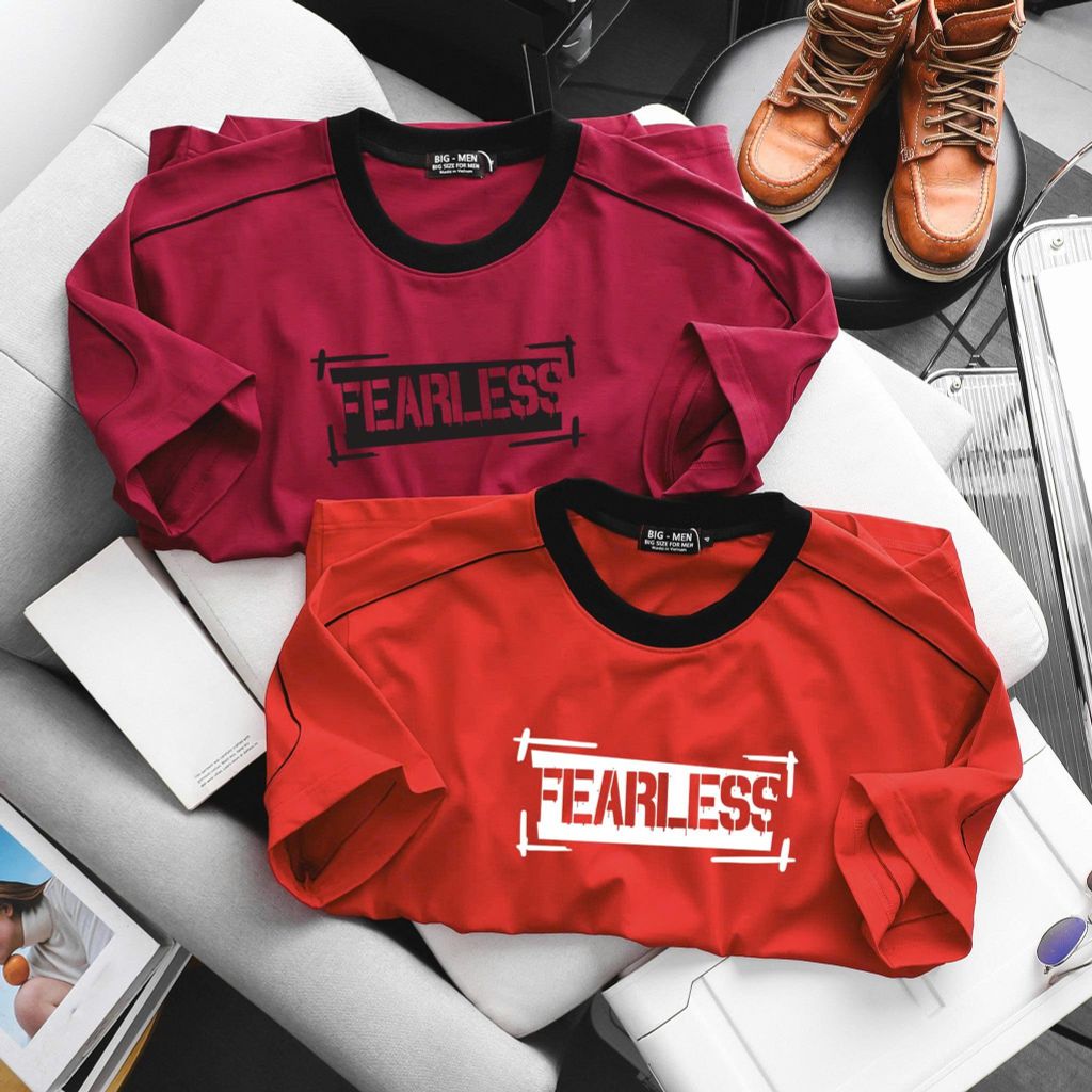 [ Big Men] Áo thun cotton phối sọc viền sọc tay in Fearless thời trang bigsize nam 85- 135 kg
