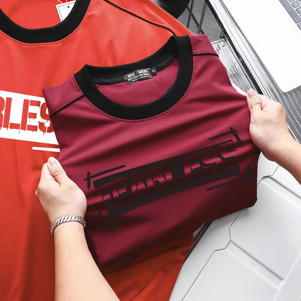 [ Big Men] Áo thun cotton phối sọc viền sọc tay in Fearless thời trang bigsize nam 85- 135 kg