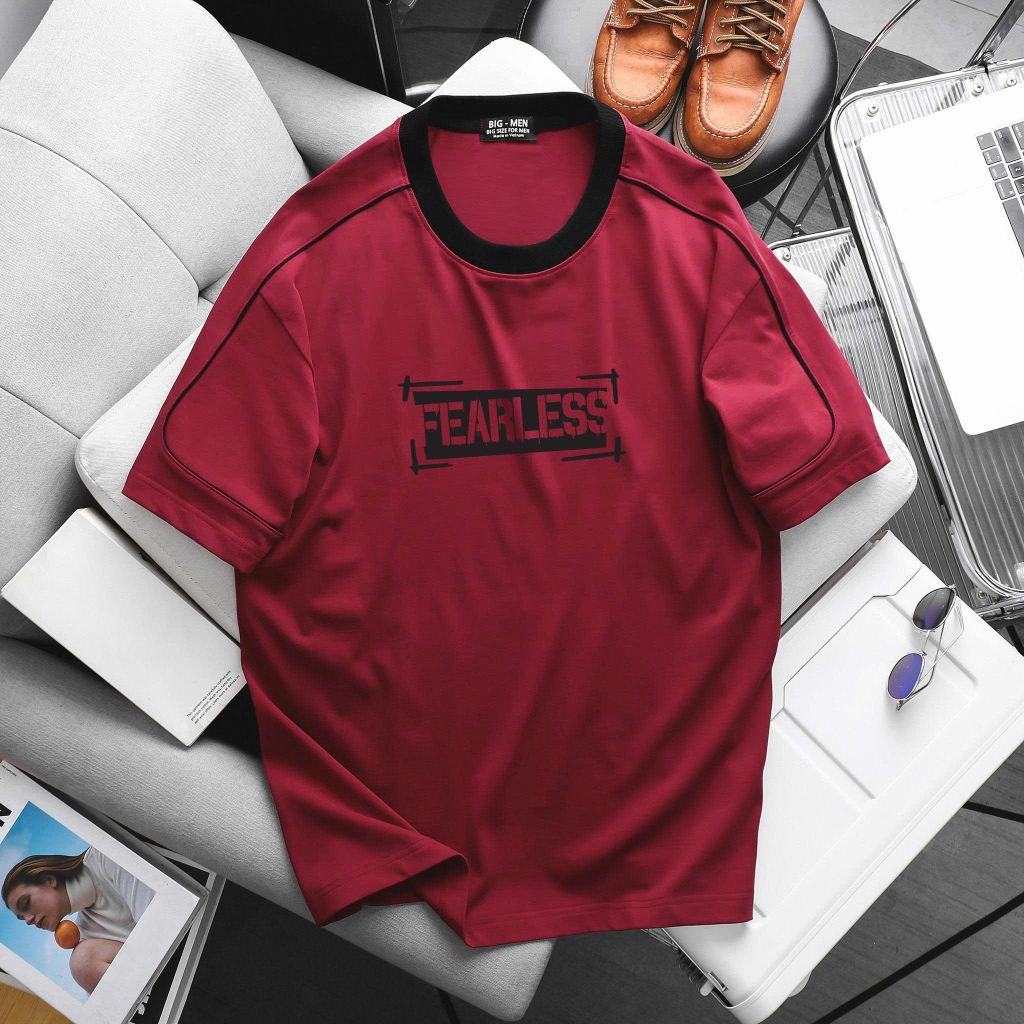 [ Big Men] Áo thun cotton phối sọc viền sọc tay in Fearless thời trang bigsize nam 85- 135 kg