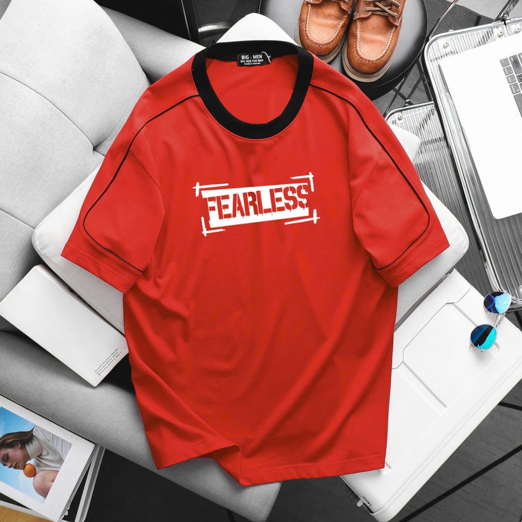 [ Big Men] Áo thun cotton phối sọc viền sọc tay in Fearless thời trang bigsize nam 85- 135 kg
