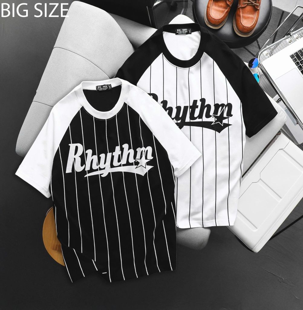 Áo thun cotton raplan sọc dọc phối chữ Rhythm thời trang bigsize nam 85-135kg