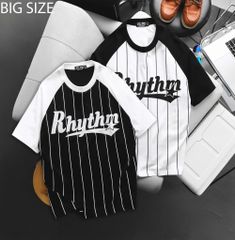 Áo thun cotton raplan sọc dọc phối chữ Rhythm thời trang bigsize nam 85-135kg