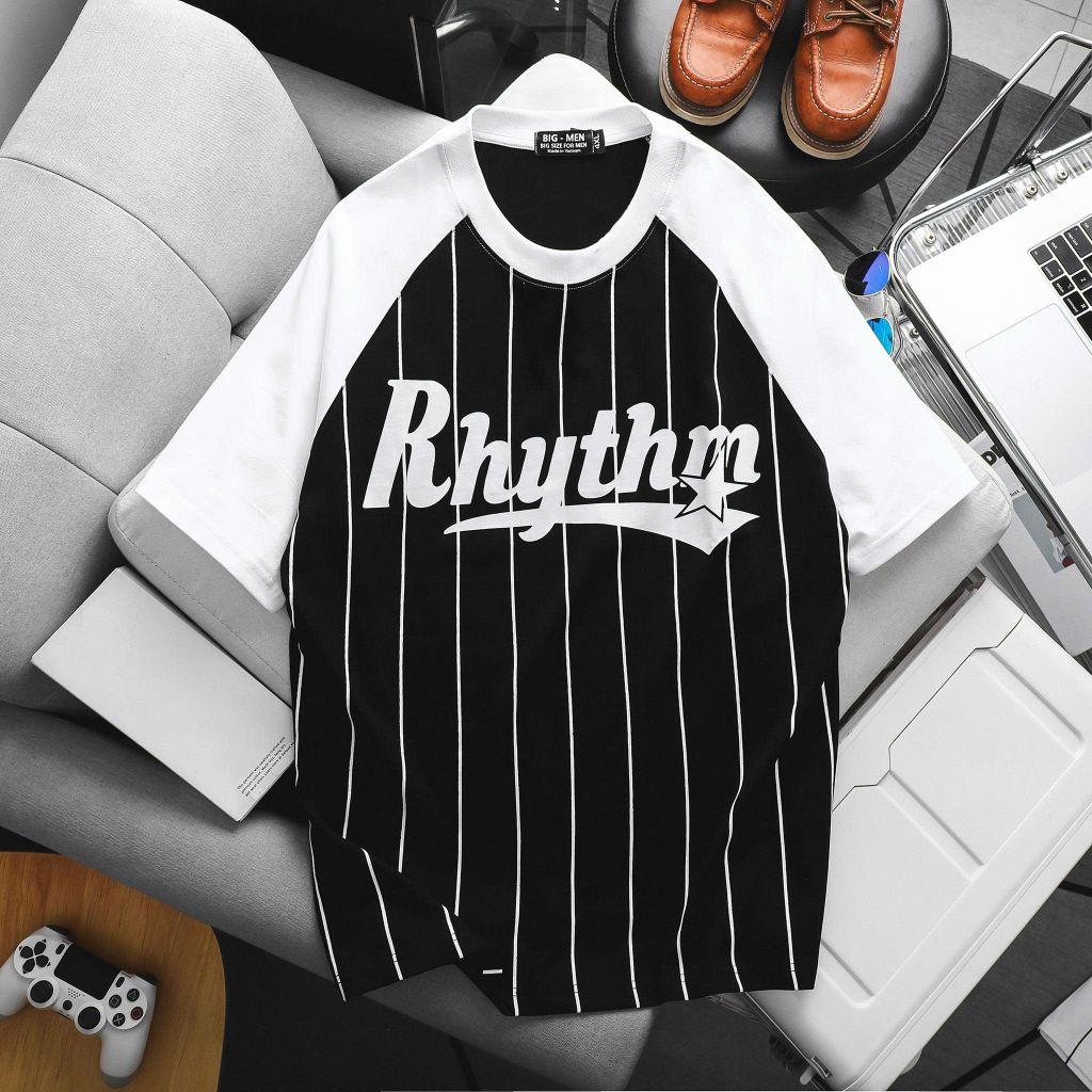 Áo thun cotton raplan sọc dọc phối chữ Rhythm thời trang bigsize nam 85-135kg