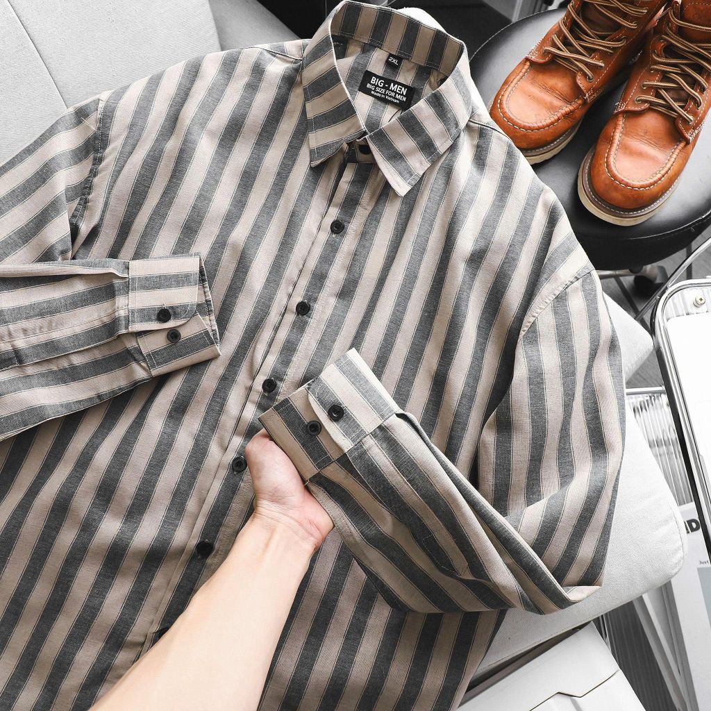 Áo sơ mi tay dài chất vải linen phối sọc caro cao cấp thời trang bigsize nam 80-130 kg