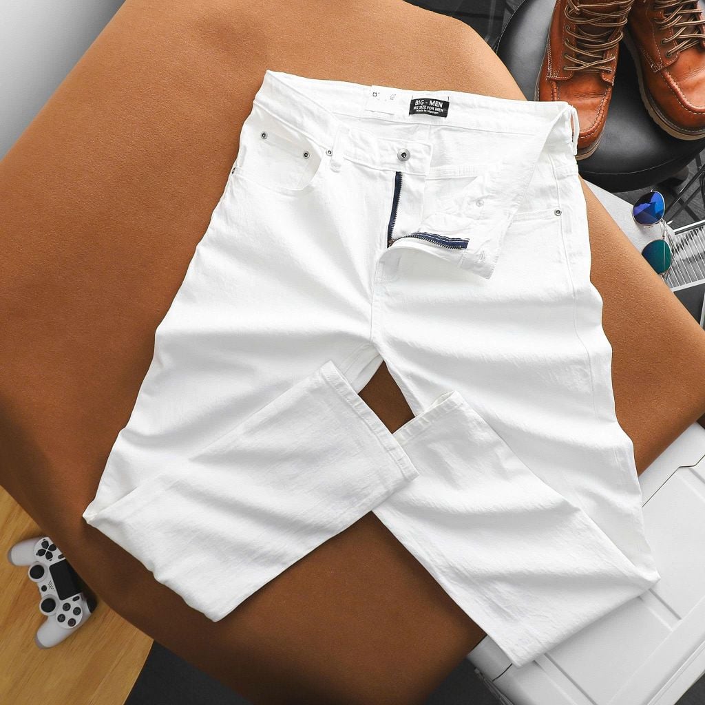 Quần jean nam bigsize màu trắng form ống đứng size 80 - 130kg