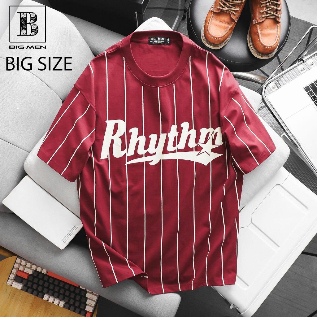 [ Big Men] Áo thun cotton màu đỏ phối sọc in lụa Rhythm thời trang bigsize nam 85- 135 kg