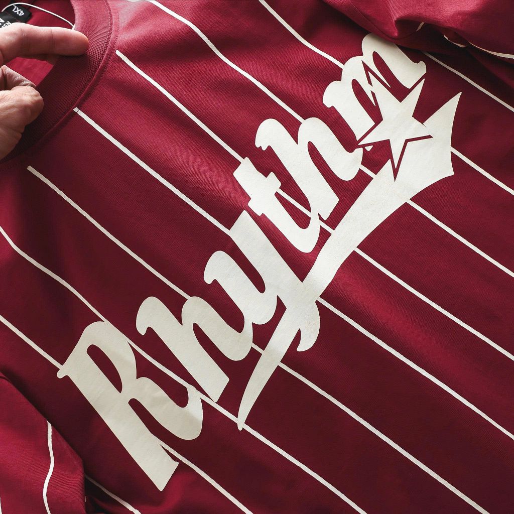 [ Big Men] Áo thun cotton màu đỏ phối sọc in lụa Rhythm thời trang bigsize nam 85- 135 kg