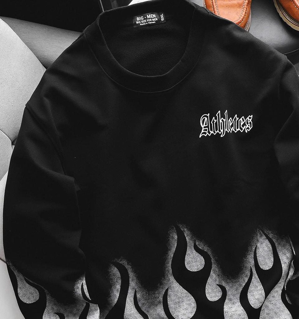 Big Men- Set bộ áo sweater, quần short nỉ bigsize nam họa tiết lửa thời trang cá tính cỡ đại< 135 kg