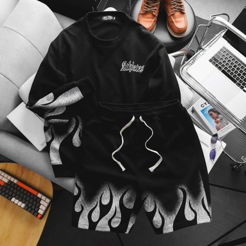 Big Men- Set bộ áo sweater, quần short nỉ bigsize nam họa tiết lửa thời trang cá tính cỡ đại< 135 kg