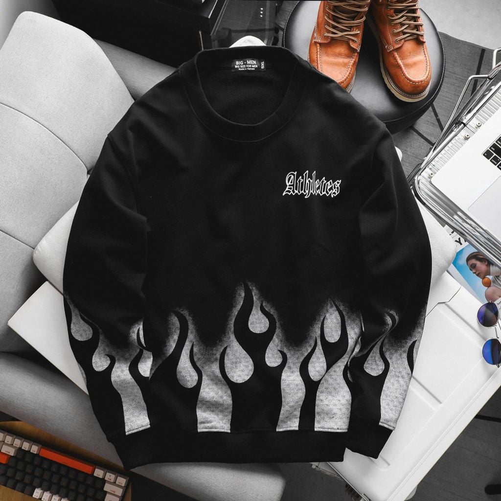 Big Men- Set bộ áo sweater, quần short nỉ bigsize nam họa tiết lửa thời trang cá tính cỡ đại< 135 kg