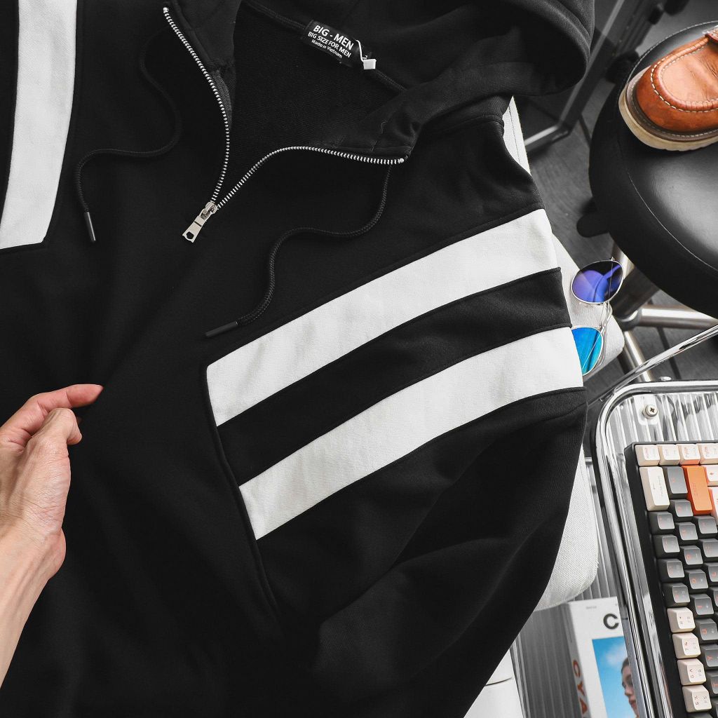 Big Men- Áo khoác hoodie dây kéo chất nỉ phối sọc thời trang cá tính bigsize nam< 140 kg