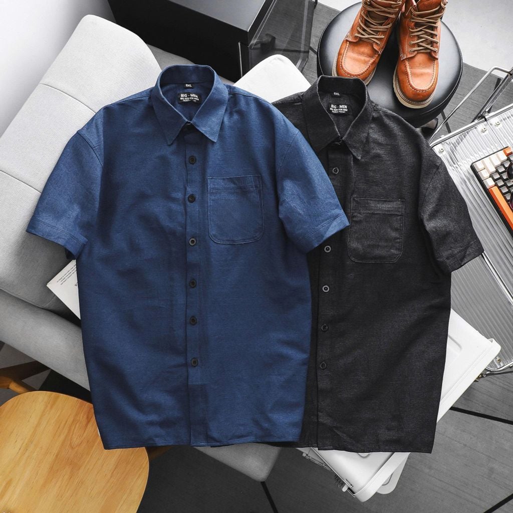 Big Men- Áo sơ mi tay ngắn chất vải denim phong cách hiện đại bigsize nam 90- 135 kg