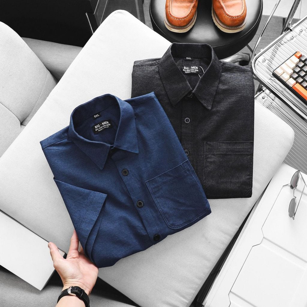 Big Men- Áo sơ mi tay ngắn chất vải denim phong cách hiện đại bigsize nam 90- 135 kg